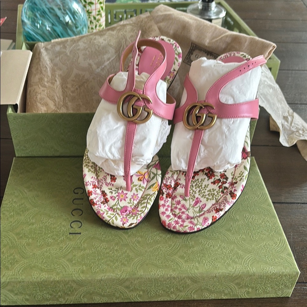 Gucci Pink Floral Thong Sandals